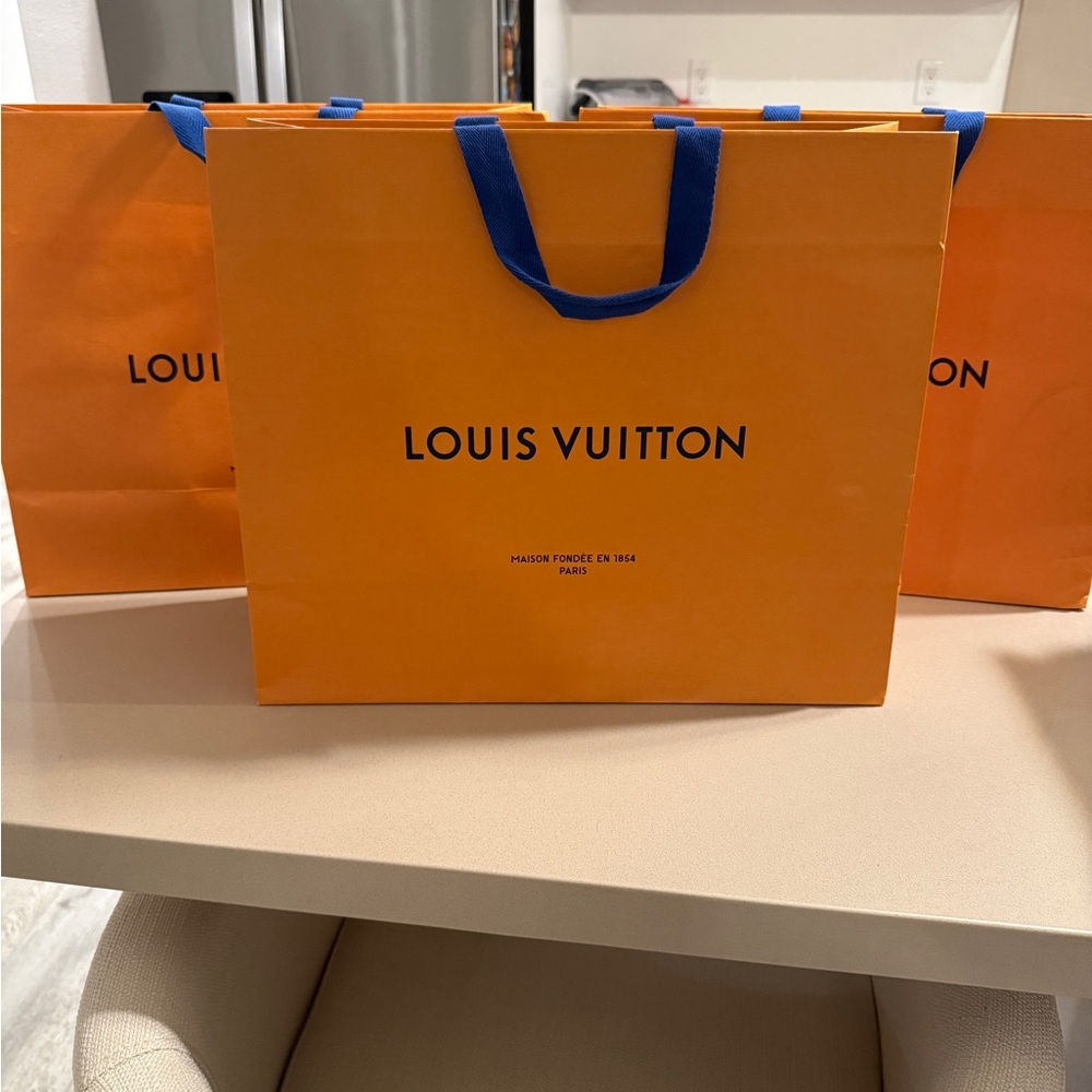 Louis Vuitton Orange Shopping Bag with Blue Handles